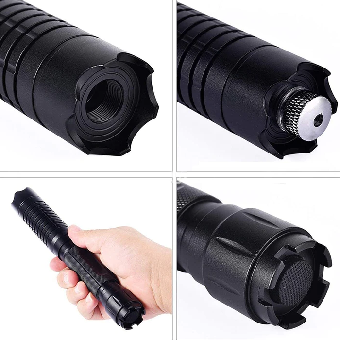 "Tactical laser torch emitting a bright blue beam, ideal for outdoor adventures and survival, made of sturdy aluminum."