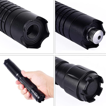 "Tactical laser torch emitting a bright blue beam, ideal for outdoor adventures and survival, made of sturdy aluminum."