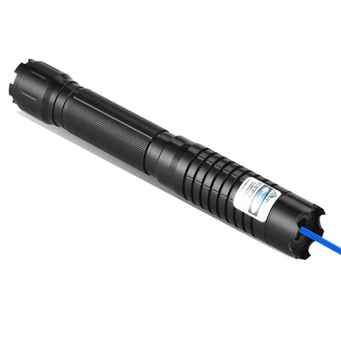 "Tactical laser torch emitting a bright blue beam, ideal for outdoor adventures and survival, made of sturdy aluminum."