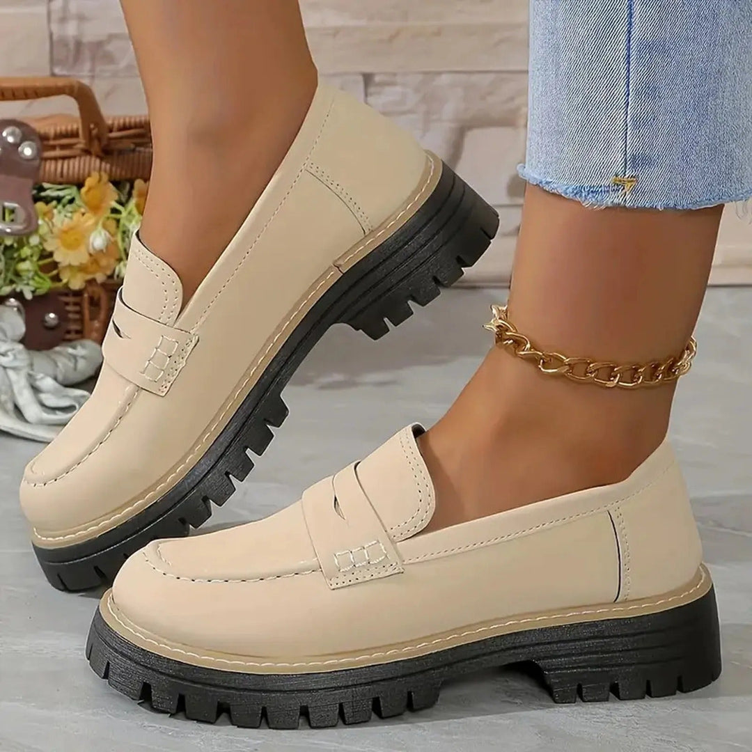 Beige Women's Chunky Platform Loafers, stylish slip-on shoes for elevated casual wear.