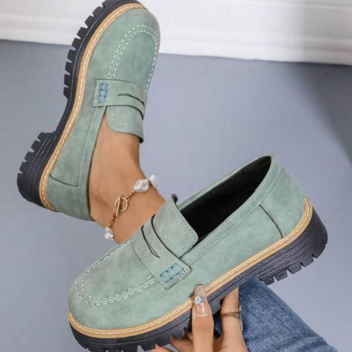 Green Women's Chunky Platform Loafers, versatile slip-on shoes perfect for stylish casual outfits.