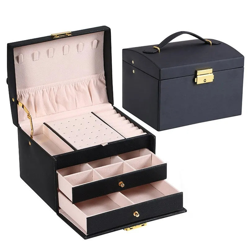 Sophisticated women's velvet lined 3-tier jewelry box for ring, earring, and necklace organization.