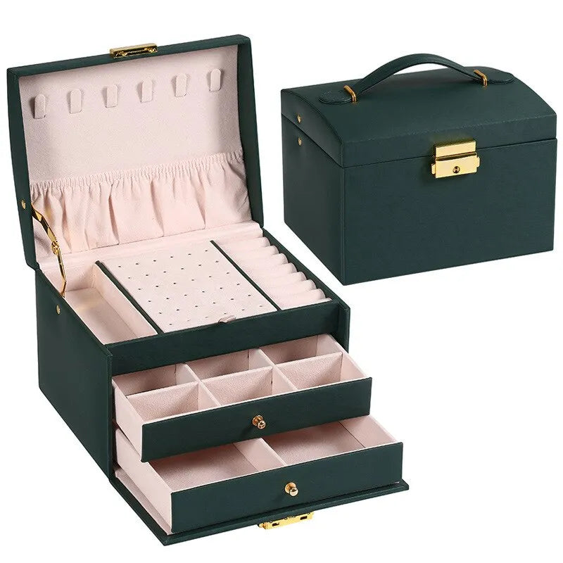 Women's elegant 3-tier faux leather jewelry box, velvet lined, for necklaces, rings, and earrings.