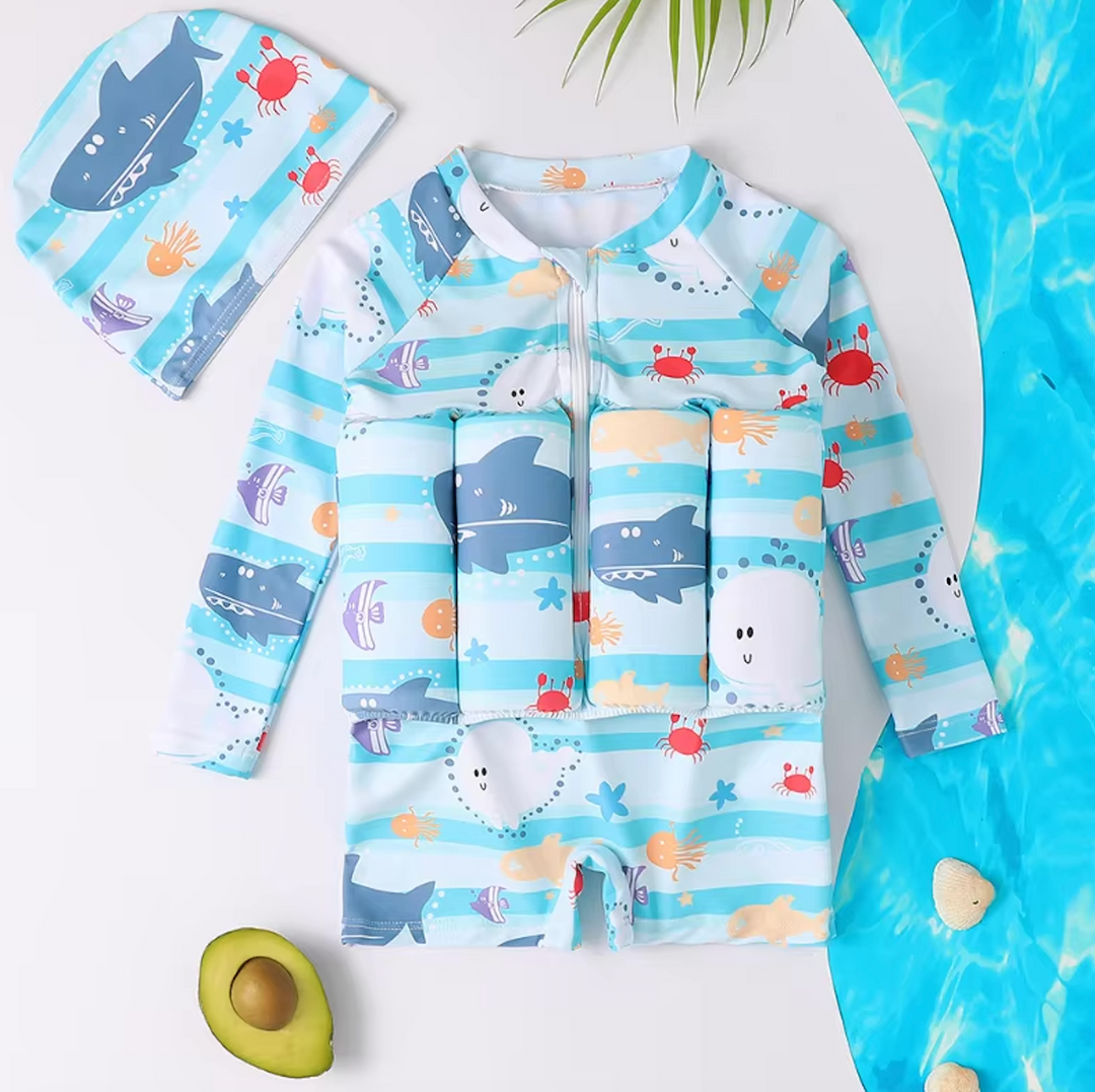 Kids' beachwear: float vest with UV 50+ sun protection & built-in swim shorts.