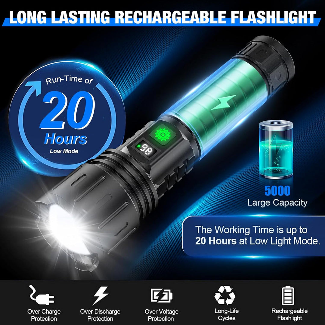 Ultra-bright 100,000 lumen LED flashlight, rechargeable, black, for camping & tactical use. Durable & water-resistant.