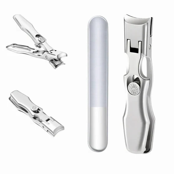 "Ultra sharp nail cutter for thick nails, silver color, ergonomic design, wide jaw, carbon steel blades, beauty tool."