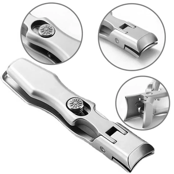 "Ultra sharp nail cutter for thick nails, silver color, ergonomic design, wide jaw, carbon steel blades, beauty tool."