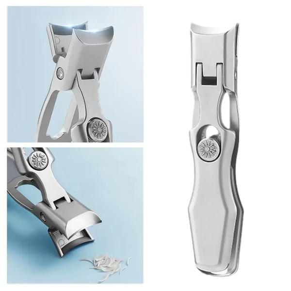 "Ultra sharp nail cutter for thick nails, silver color, ergonomic design, wide jaw, carbon steel blades, beauty tool."