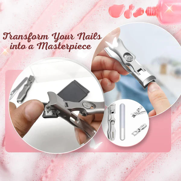 "Ultra sharp nail cutter for thick nails, silver color, ergonomic design, wide jaw, carbon steel blades, beauty tool."