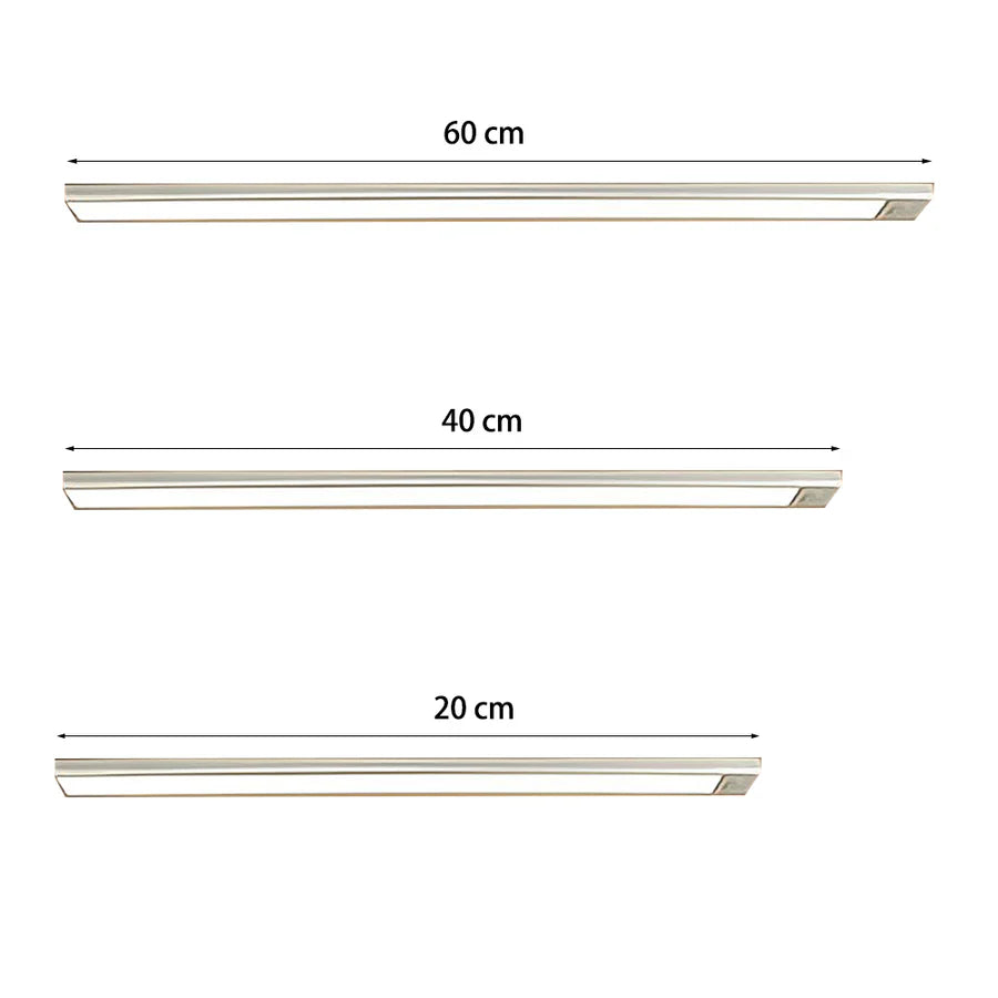 Ultra-slim motion sensor cabinet light in sleek aluminum, black or silver, 9mm thick, 20-60cm, versatile, hands-free.