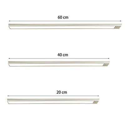 Ultra-slim motion sensor cabinet light in sleek aluminum, black or silver, 9mm thick, 20-60cm, versatile, hands-free.