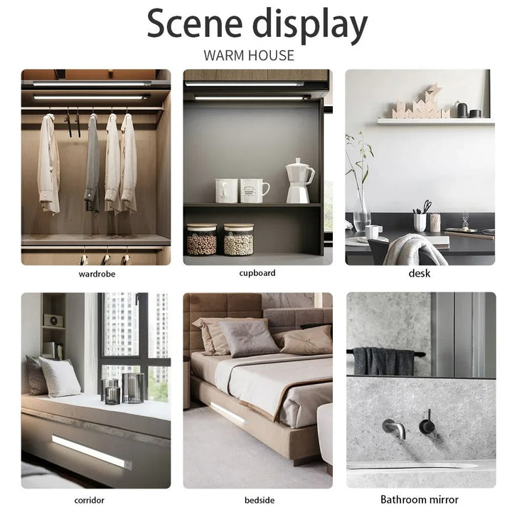 Ultra-slim motion sensor cabinet light in sleek aluminum, black or silver, 9mm thick, 20-60cm, versatile, hands-free.