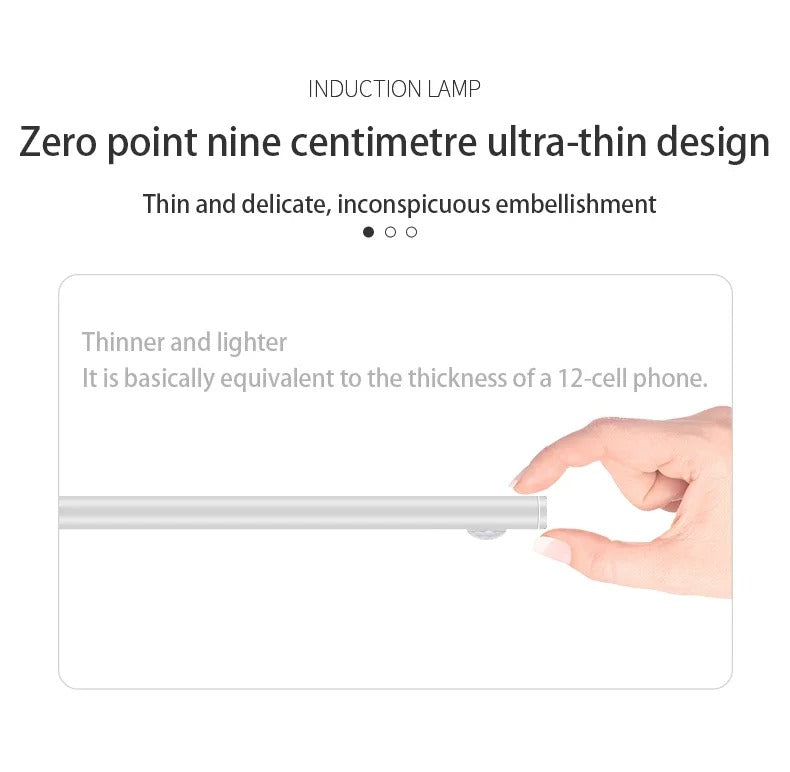 Ultra-slim motion sensor cabinet light in sleek aluminum, black or silver, 9mm thick, 20-60cm, versatile, hands-free.