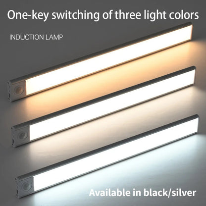 Ultra-slim motion sensor cabinet light in sleek aluminum, black or silver, 9mm thick, 20-60cm, versatile, hands-free.