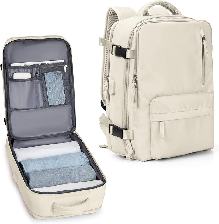 Unisex 40L waterproof travel backpack with shoe compartment & USB port for charging.