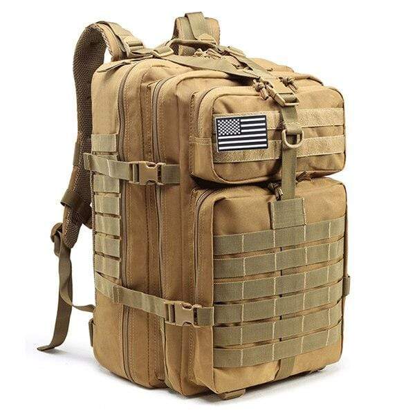 Close-up of MOLLE webbing on a tactical travel backpack, 45L capacity, unisex design