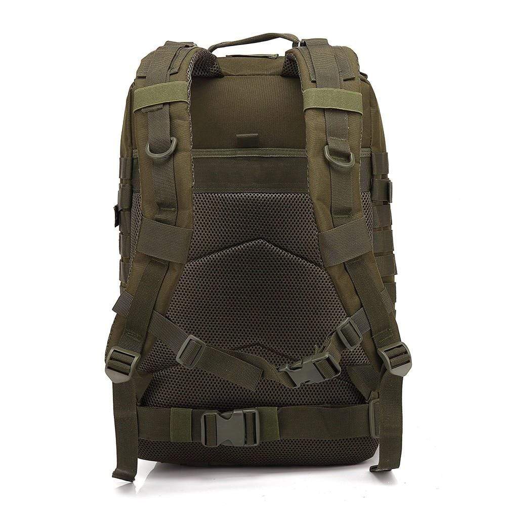 Front view of a robust 45L travel backpack with tactical MOLLE system, unisex and durable nylon