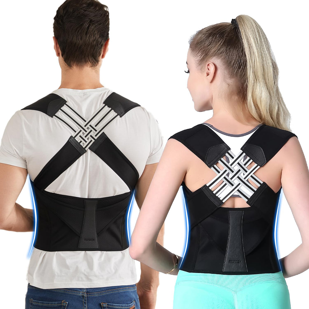 Unisex adjustable back posture corrector, black, breathable straps, worn discreetly under clothes, supports spine alignment.