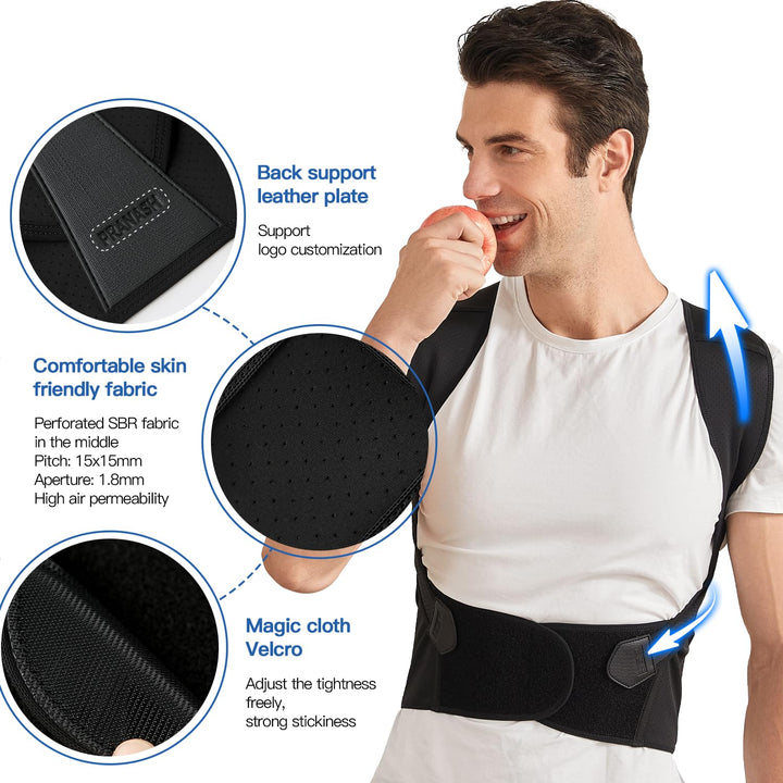 Unisex adjustable back posture corrector, black, breathable straps, worn discreetly under clothes, supports spine alignment.