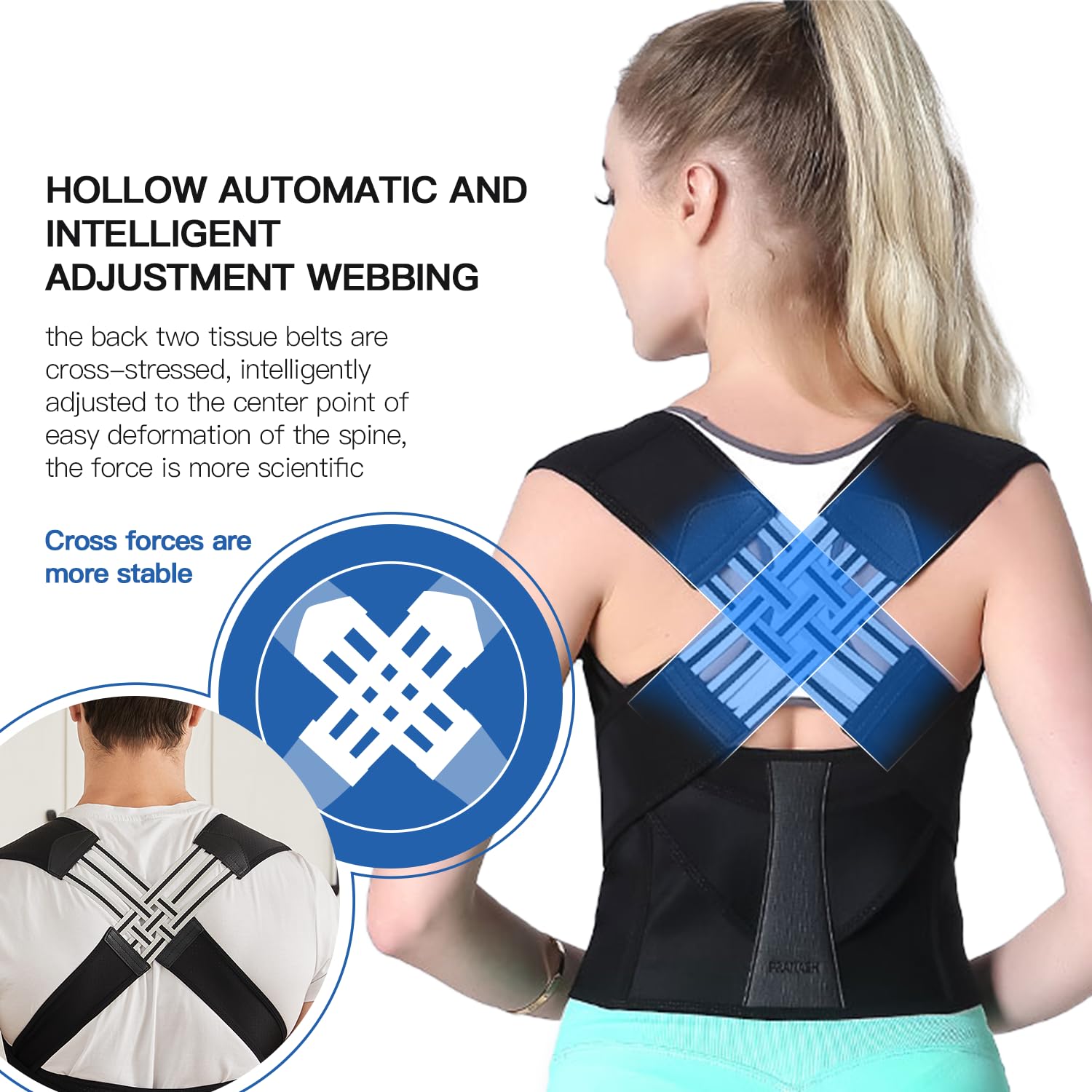 Unisex adjustable back posture corrector, black, breathable straps, worn discreetly under clothes, supports spine alignment.