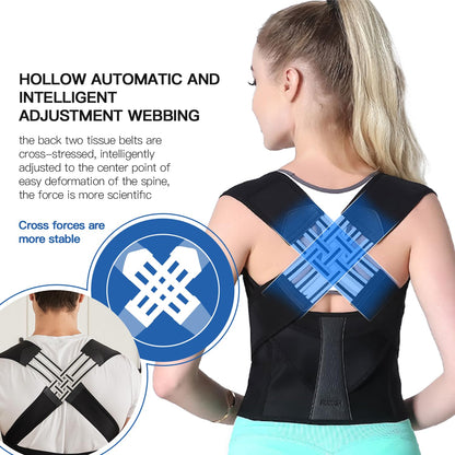 Unisex adjustable back posture corrector, black, breathable straps, worn discreetly under clothes, supports spine alignment.