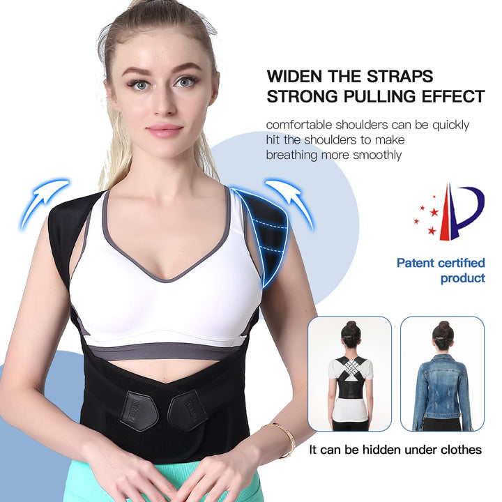 Unisex adjustable back posture corrector, black, breathable straps, worn discreetly under clothes, supports spine alignment.