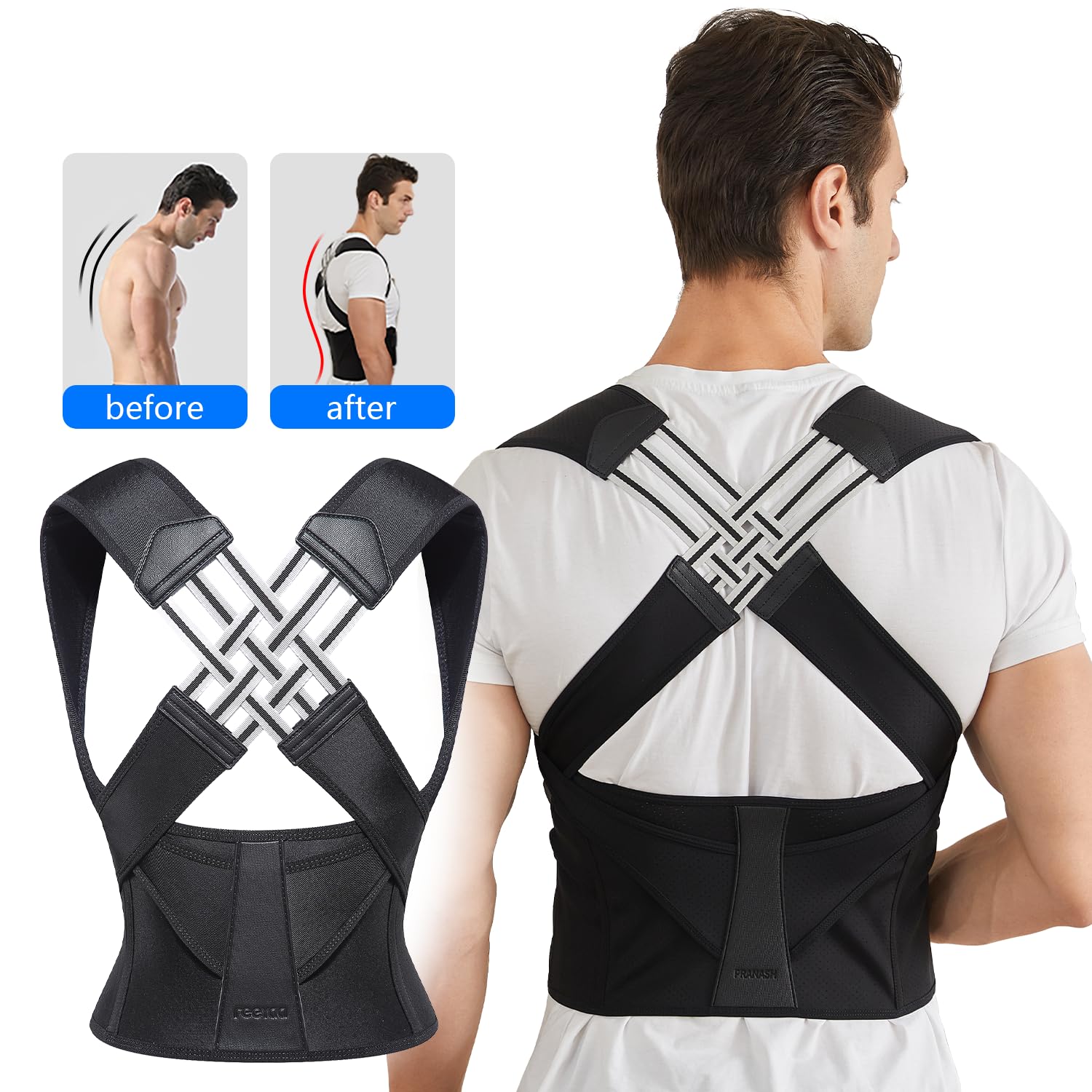 Unisex adjustable back posture corrector, black, breathable straps, worn discreetly under clothes, supports spine alignment.