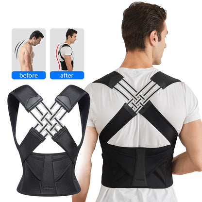 Unisex adjustable back posture corrector, black, breathable straps, worn discreetly under clothes, supports spine alignment.