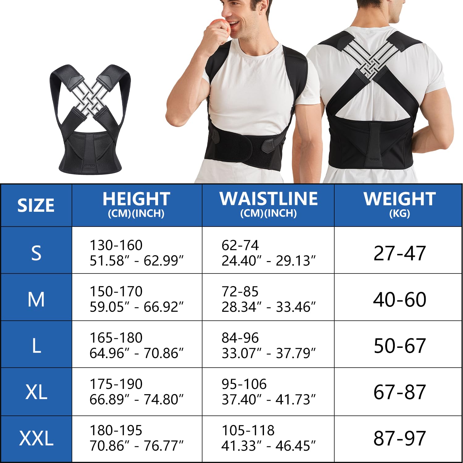 Unisex adjustable back posture corrector, black, breathable straps, worn discreetly under clothes, supports spine alignment.