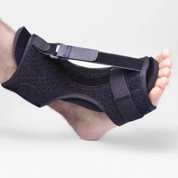 Unisex adjustable night splint for plantar fasciitis relief, black breathable neoprene, metal bands, ergonomic design.