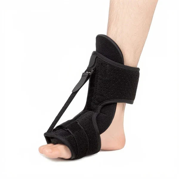 Unisex adjustable night splint for plantar fasciitis relief, black breathable neoprene, metal bands, ergonomic design.
