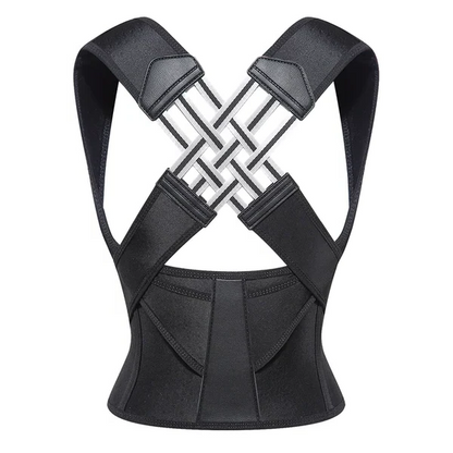 Unisex adjustable posture corrector, black, with adjustable straps for back support, fits discreetly under clothing.