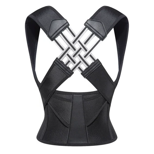 Unisex adjustable posture corrector, black, with adjustable straps for back support, fits discreetly under clothing.