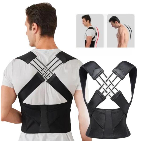 Unisex adjustable posture corrector, black, with adjustable straps for back support, fits discreetly under clothing.