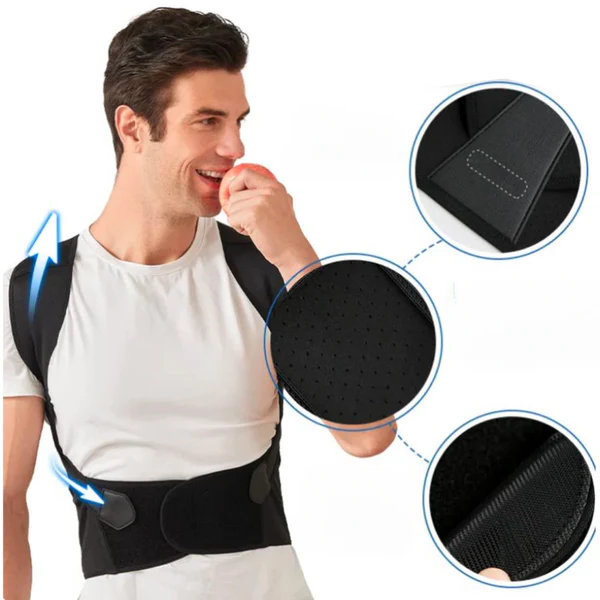 Unisex adjustable posture corrector, black, with adjustable straps for back support, fits discreetly under clothing.