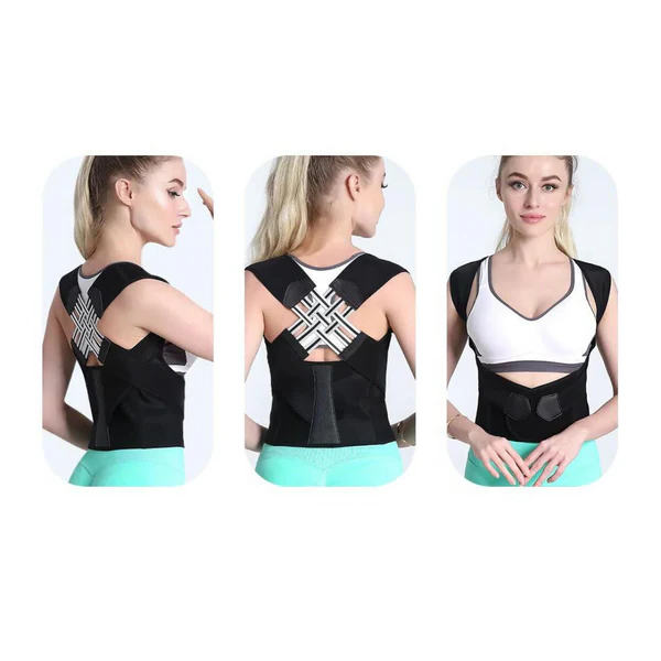 Unisex adjustable posture corrector, black, with adjustable straps for back support, fits discreetly under clothing.