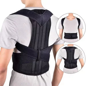 "Unisex adjustable posture corrector with breathable fabric, featuring full upper body support and ergonomic Velcro fit."