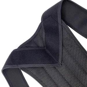 "Unisex adjustable posture corrector with breathable fabric, featuring full upper body support and ergonomic Velcro fit."