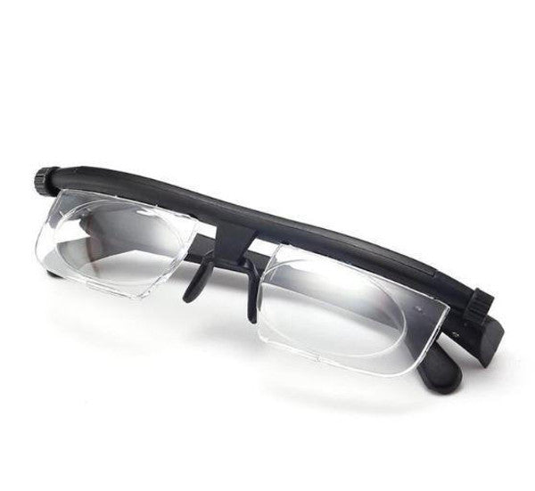 "Unisex adjustable sight glasses with scratch resistance, dual-lens tech, and elegant frame; innovative eyewear solution."