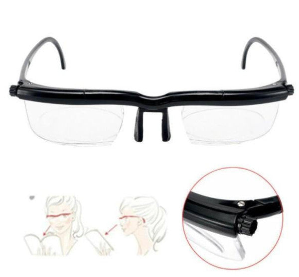 "Unisex adjustable sight glasses with scratch resistance, dual-lens tech, and elegant frame; innovative eyewear solution."