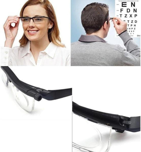 "Unisex adjustable sight glasses with scratch resistance, dual-lens tech, and elegant frame; innovative eyewear solution."