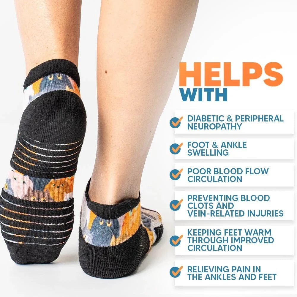 Packaging for unisex ankle compression socks, emphasizing foot care benefits