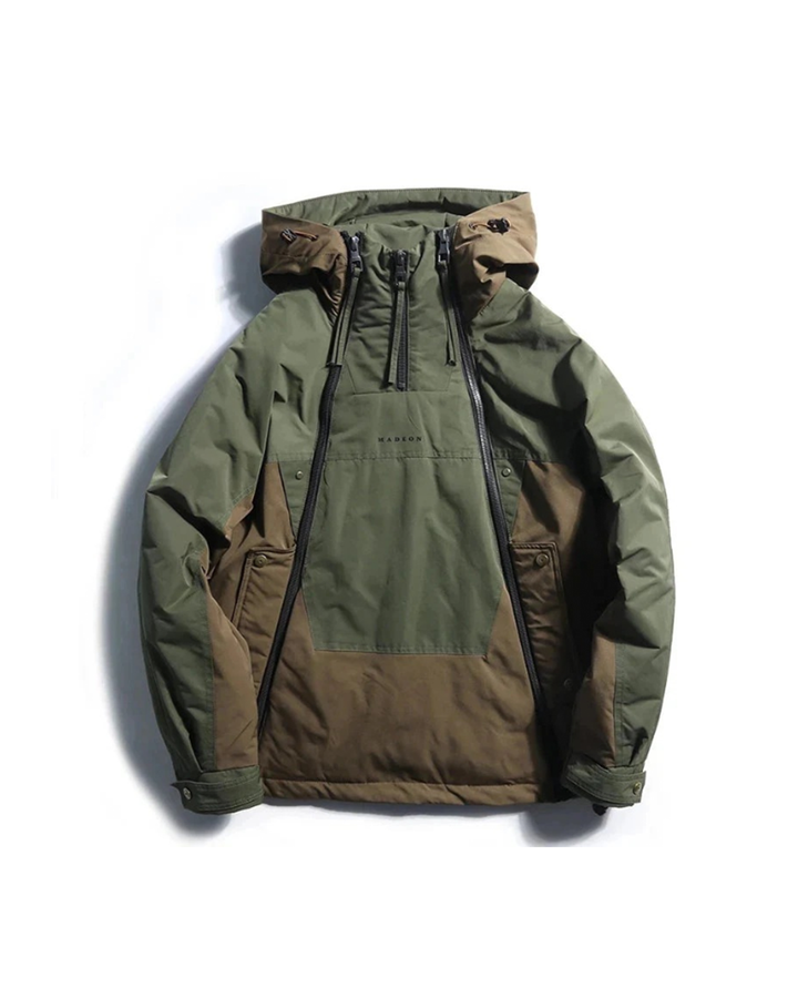 Unisex black insulated techwear utility jacket, front view, for winter outerwear