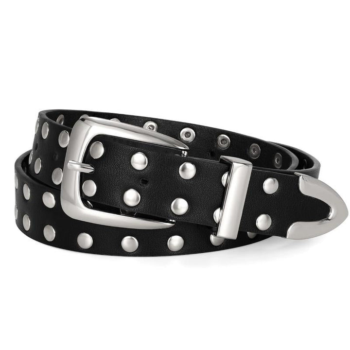 Unisex black studded faux leather belt, punk style fashion accessory with metal studs