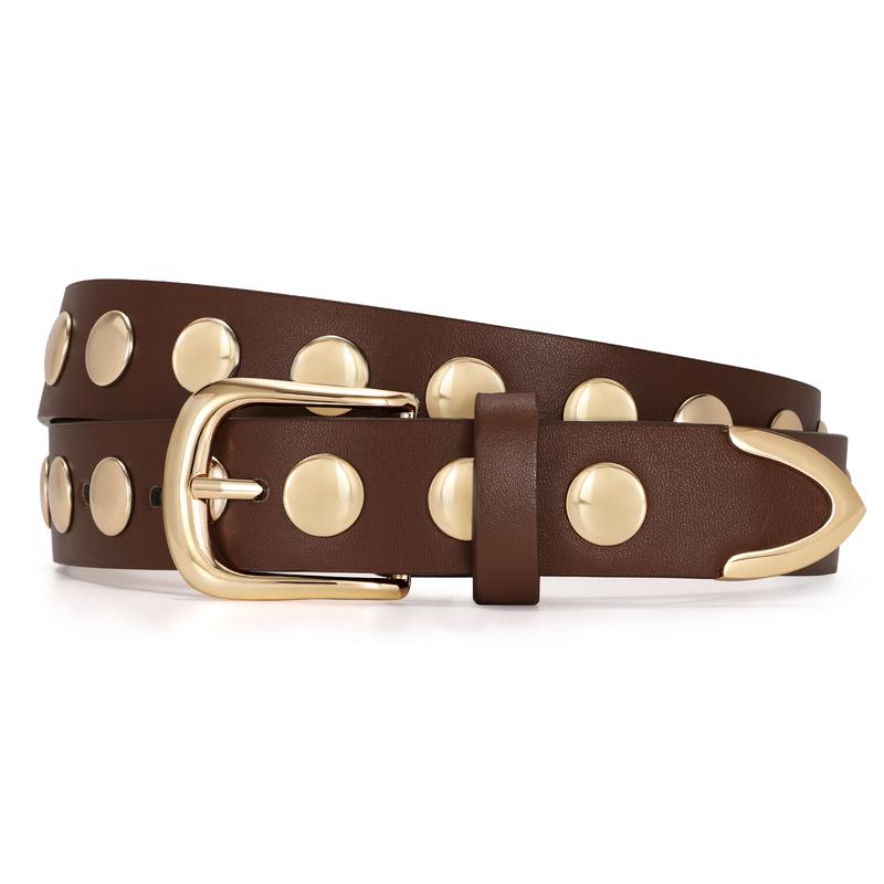 Brown studded faux leather belt for unisex, durable and adjustable gothic style accessory