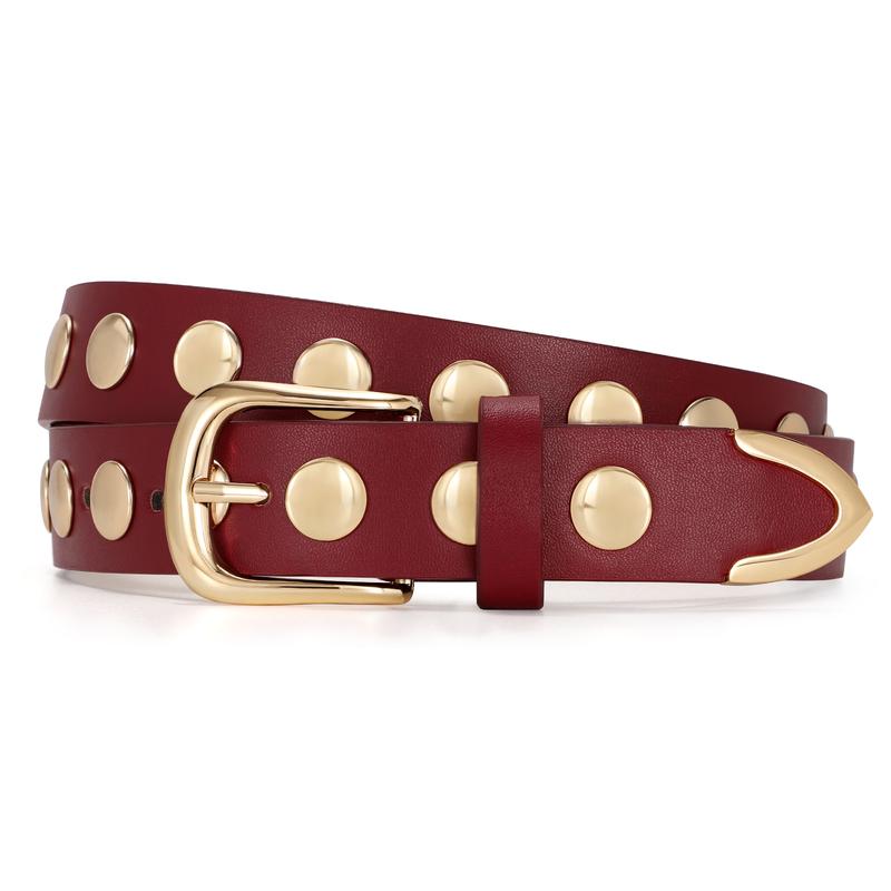 Red studded faux leather belt, an edgy punk fashion accessory for all genders