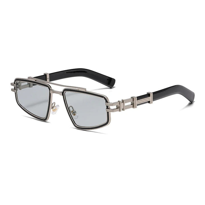 Detail of the metal frame on geometric sunglasses, emphasizing quality craftsmanship and modern design