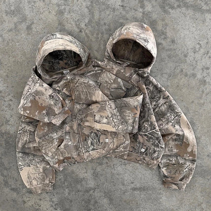 "Unisex camo streetwear hoodie with tactical print, front view. Urban and outdoor style, men's jackets and coats collection."