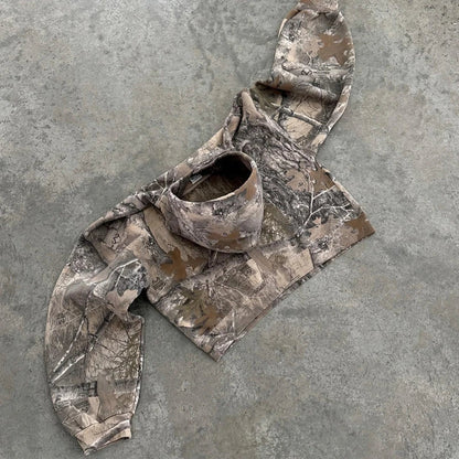 "Unisex camo streetwear hoodie with tactical print, front view. Urban and outdoor style, men's jackets and coats collection."