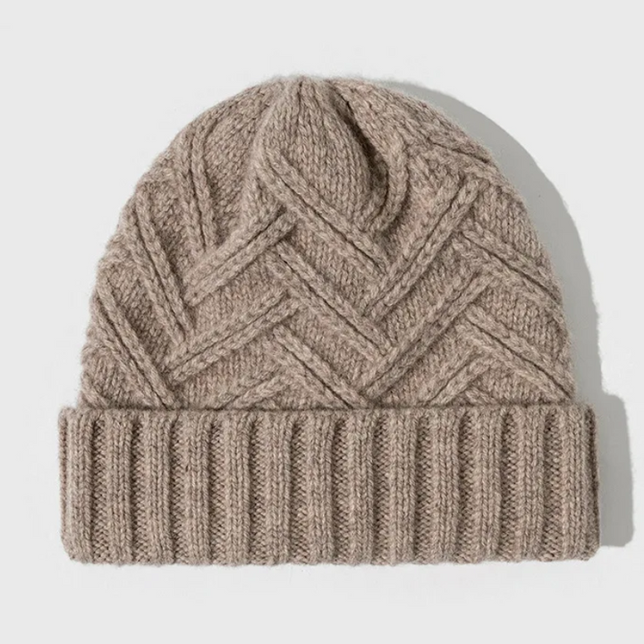 Unisex cozy chevron knit beanie in a close-up, showcasing the intricate knit pattern and soft texture